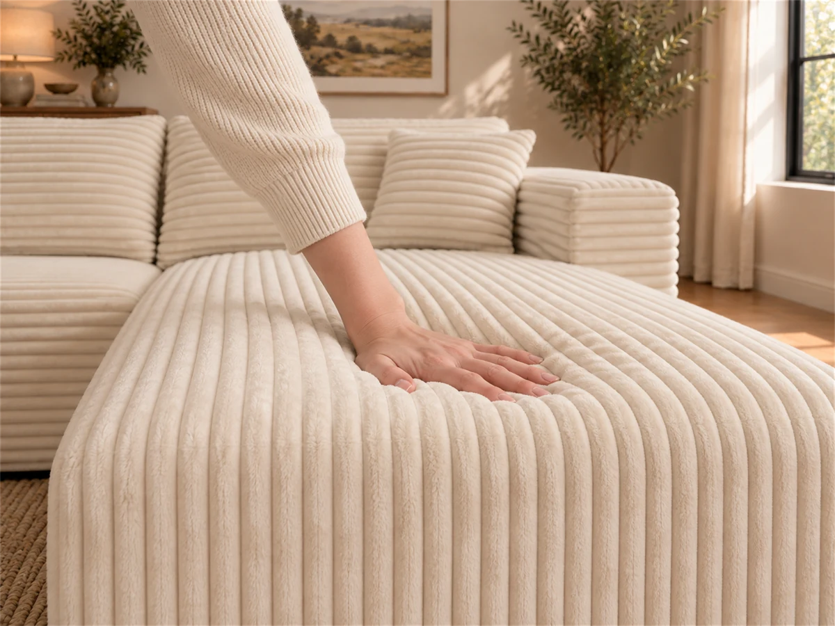Hand touching the Cream White corduroy on The L compressed sofa