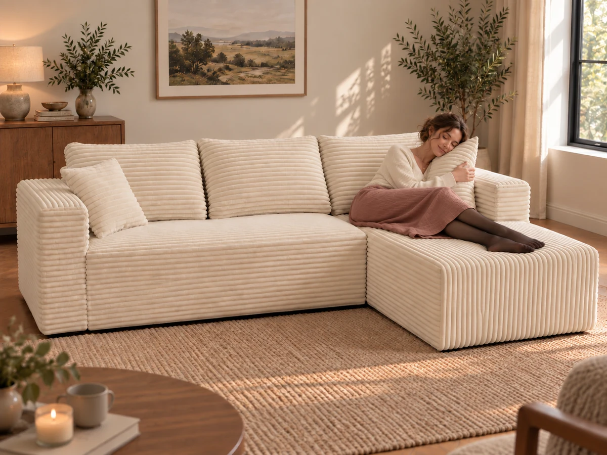 Woman resting on the Cream White chaise of The L compressed sofa