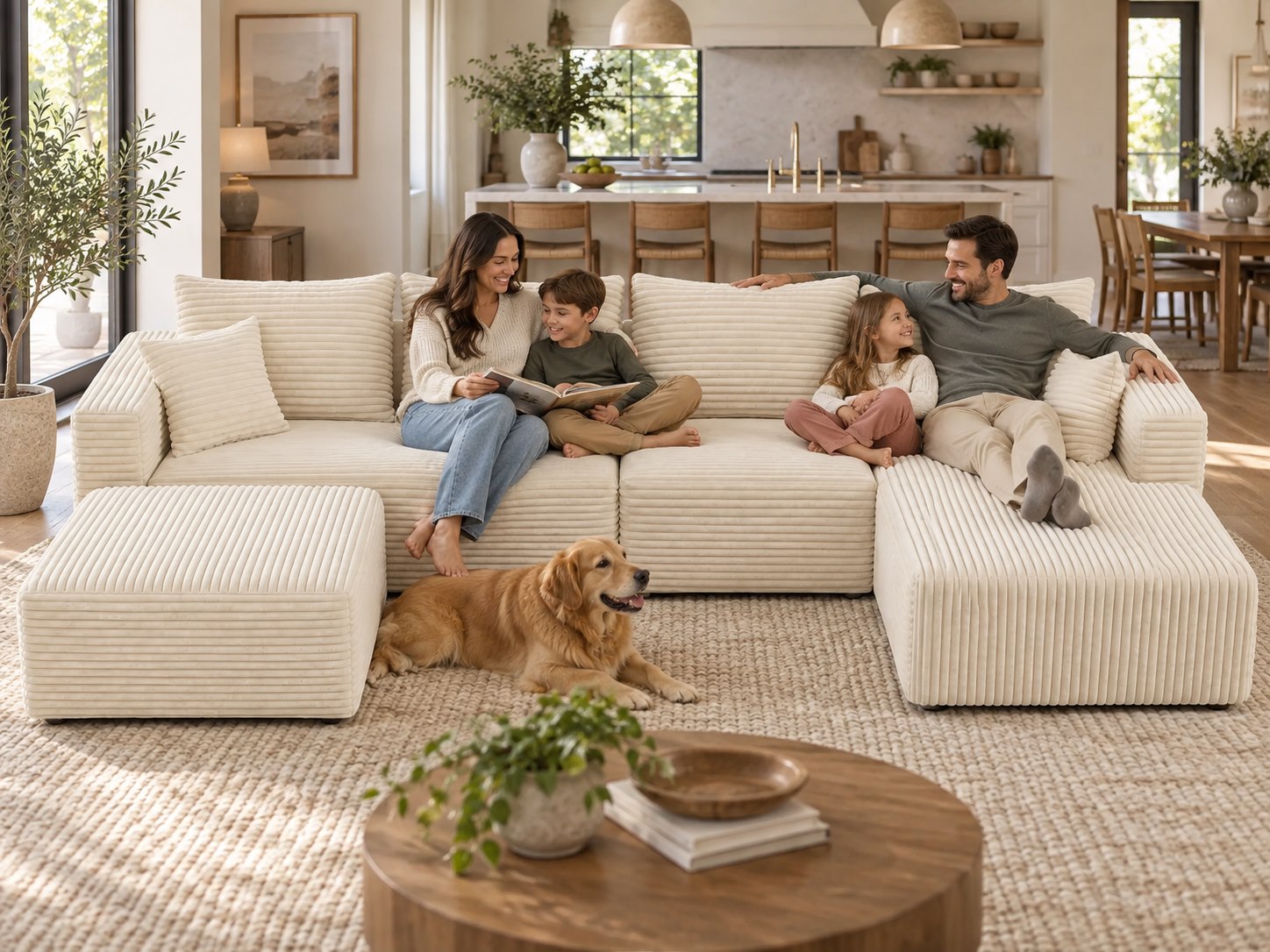 A family of four seated across The Big U cream white compressed sofa in an open-plan living room