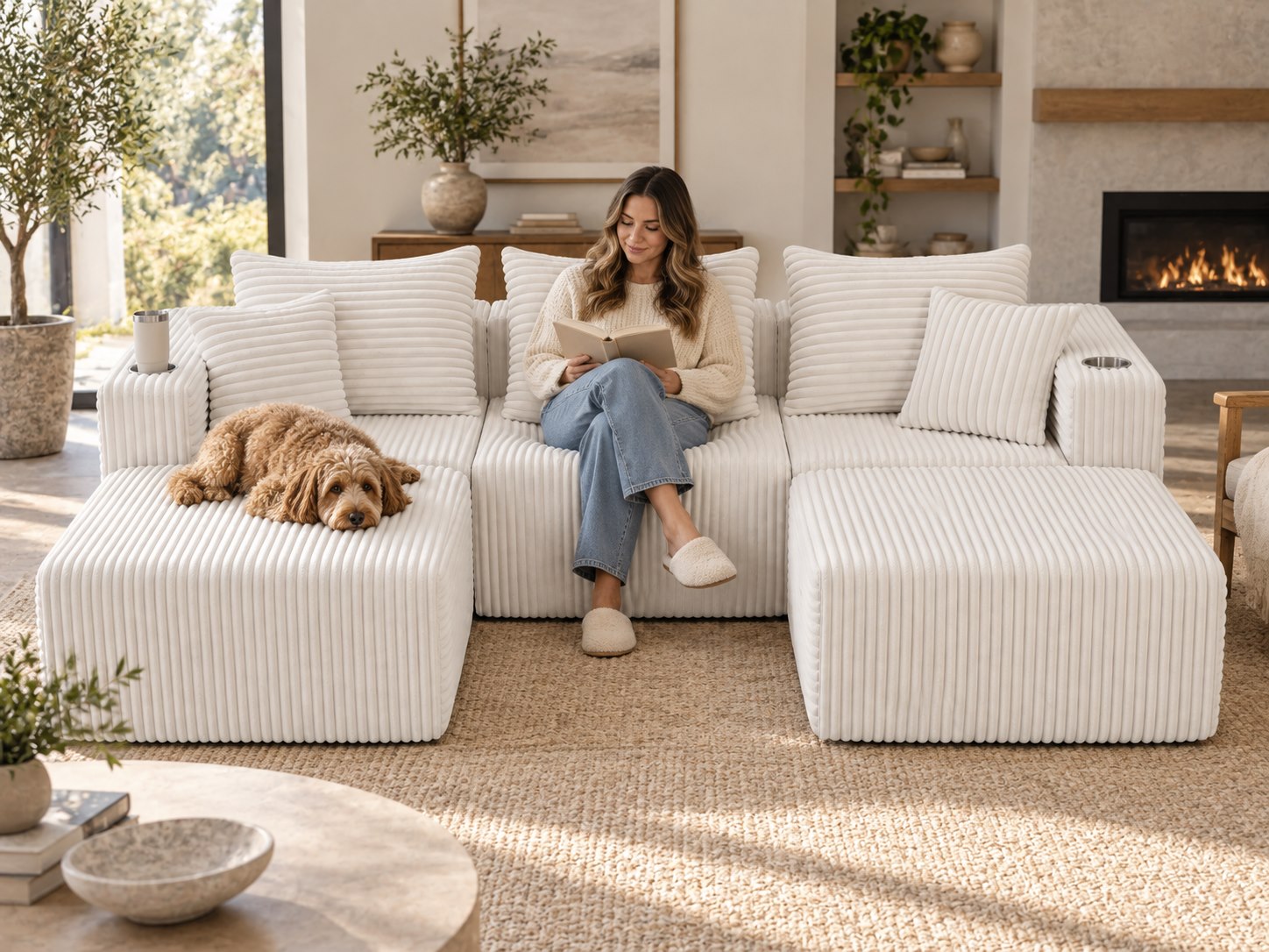 A woman reading on The Big UX cream white compressed sofa while her dog rests on one ottoman