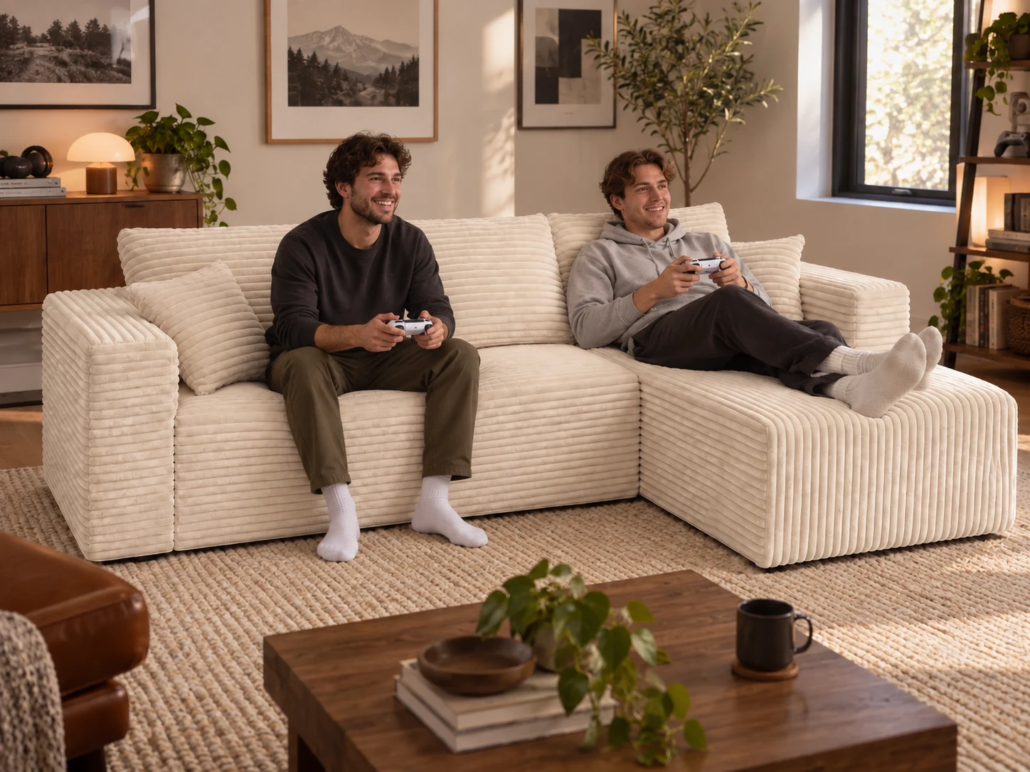Two brothers playing video games while seated on The L cream white compressed sofa in a compact living room