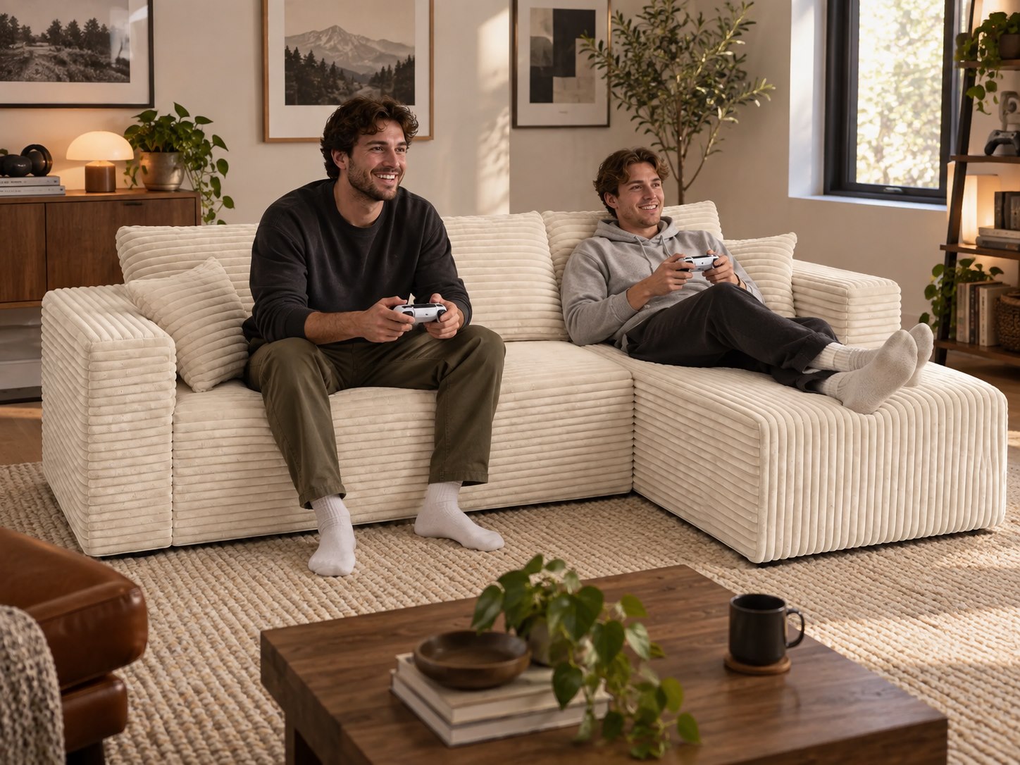 Two brothers playing video games while seated on The L cream white compressed sofa in a compact living room