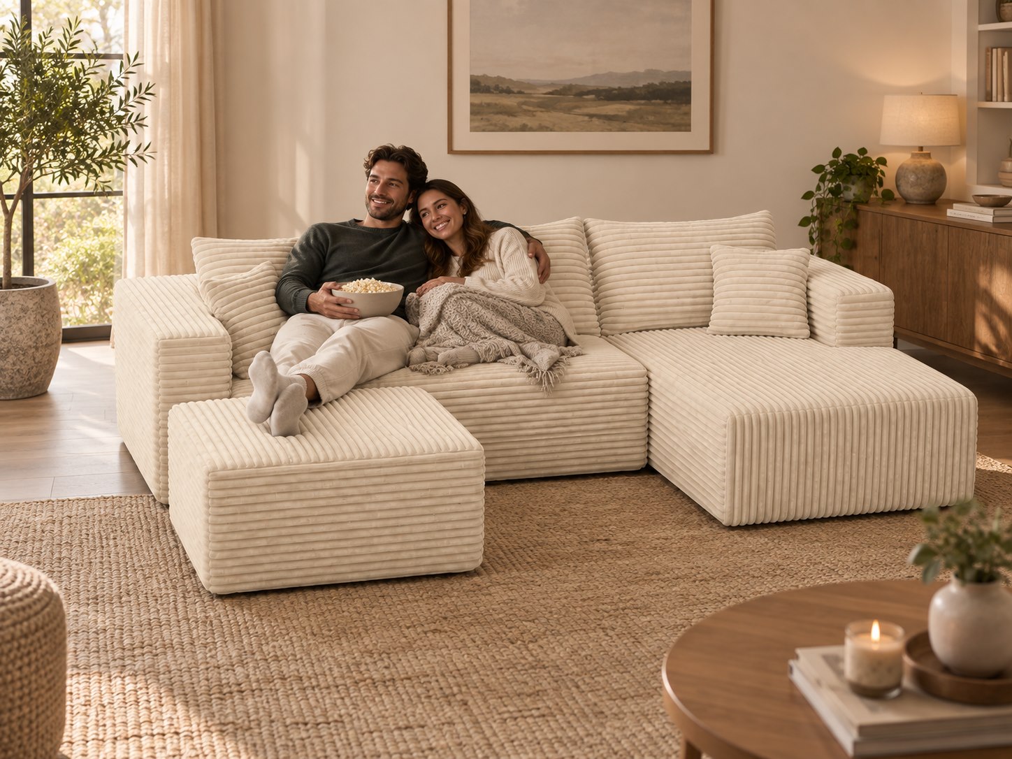 A couple relaxing on The U cream white compressed sofa with the separate ottoman in front